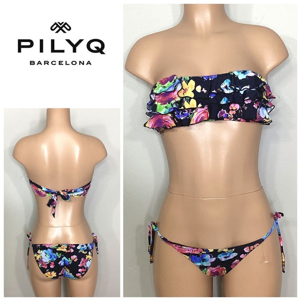 New. Pilyq floral ruffle and string bandeau bikini.